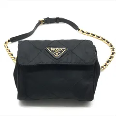 良品 PRADA プラダ 三角ロゴ プレート ナイロン テスート キルティング ウエスト ポーチ ショルダー バッグ ブラック k3977