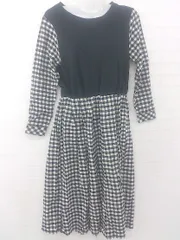 ◇ w closet ギンガムチェック 切替 長袖 膝下丈 ワンピース サイズF ブラック ホワイト系 レディース P  【1307040000571】