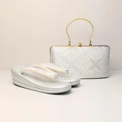 和装 草履 バッグ セット 帯地 シルバー 白 菊 菱 M〜Lサイズ u68のサムネイル