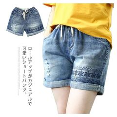 ショートパンツ 即購入OK レディース デニムパンツ ショーパン ジーンズ 刺繍 ウエストゴム ダメージ加工 ゆったり お洒落 大きいサイズ カジュアル yunban137