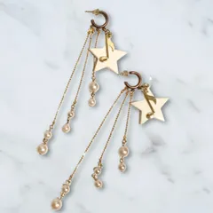 【即決★新品】星＆音符モチーフ 3連アシメトリー パールフリンジ ロングピアス パーティ ゴージャス 個性的