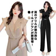 オールインワン パンツドレス レディース フリル Vネック ロング カバーオール ベルト きれいめ パーティー お呼ばれ 大人可愛い 結婚式 夏 無地 ldrw151