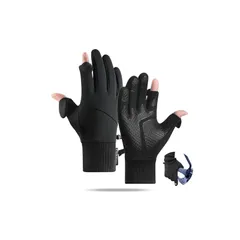 【新品】 【自転車選手が愛用】防寒手袋 メンズ 秋冬 サイクリンググローブ 【裏起毛・2指出し・スマホ対応】防寒グローブ 滑り止め 撥水 紛失防止 スポーツ 自転車 バイク ランニング 登山 釣り 細かい作業 通勤 通学 3サイズ 男女兼用 (ブラック,  0