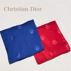 ■美品■Christian Dior クリスチャンディオール　ミニスカーフ2枚セット　チーフ　ブルー＆レッド　シャドーロゴモチーフ総柄　31×31cm