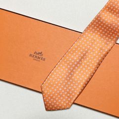 美品 エルメス HERMES ネクタイ シルク100% フランス製 オレンジ H柄 TTH-5