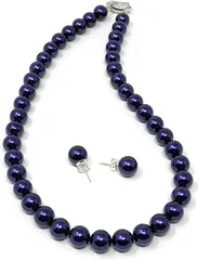 K&R パールネックレス 10mm珠 日本製 冠婚葬祭 結婚式 カジュアル 2点セット( 濃藍色,  45Cm イヤリング)