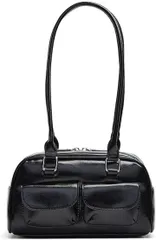 HARGIO(ハルジオ) ダブルポケット ミニボストンバッグ 横長バッグ レディース ショルダーバッグ 小さめ バゲットバッグ トートバッグ 肩掛け 横長ボストン 幅広 トレンド おしゃれ 可愛い(ブラック,  Free Size)