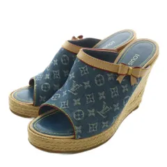 ルイヴィトン LOUIS VUITTON サンダル デニム キャンバス エスパドリーユ オープントゥ ウェッジソール モノグラム リボン 38 24.5cm インディゴ ベージュ /XZ ■GY19