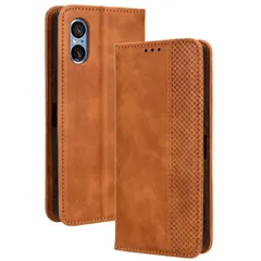 Xperia 5 V ケース 手帳 SO-53D SOG12 A303SO エクスペリア5 マーク5  チェック柄 合革 レトロ 手帳 ケース 【Color】 キャメル