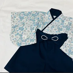 ベビー袴　ハンドメイド　ベビー着物　ブルー系白花柄　ネイビー　60 70 80サイズ