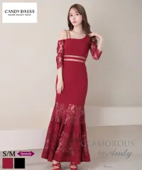 ワインレッド[GMS-V786]GLAMOROUS by Andyグラマラスバイアンディ/ レース/ ワンショルダー/ 七分袖/ 長袖/ 袖あり/ ウエスト透け/ ビジュー/ マーメイド/ ロングドレス/ キャバドレス/ ワンピース long dress