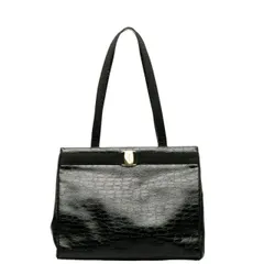     中古 サルヴァトーレフェラガモ トートバッグ ABランク ヴァラ リボン クロコ型押し トートバッグ  黒 ブラック レディース SALVATORE FERRAGAMO 【送料無料】【西神店】