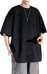 X-cross クロス ゆったりtシャツ 半袖 メンズ 大きめ 無地 透けない オーバーサイズ 五分袖 ポリエステル 丸首 おしゃれ カジュアル クルーネック ビッグ シルエット 韓国 かっこいい デザイン トップス(ブラック,  XL)