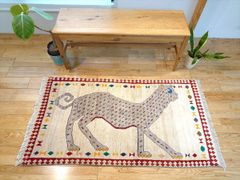 ペルシャ オールドギャッベ　アマレバフト ラグ　145x80cm　青い目のヒョウ　アイボリー　グレー　PS9826