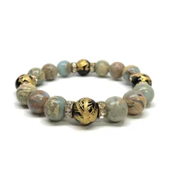12mm 四神獣金彫オニキス×インプレッションストーン パワーストーン ブレスレット天然石 運気上昇 開運 お守り 青龍 白虎 玄武 朱雀 （ゴールド）メンズ・レディース　男性・女性　数珠ブレス　開運 [6]