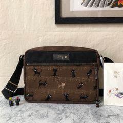 猫柄ミニショルダーバッグ 横型 音符ネコ 黒猫 ブラック&ブラウン 両面ポケット ハンドメイド メンズ レディース ボディバッグ ポシェット