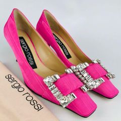 新品未使用★sergio rossi・セルジオロッシ SR TWENTY レディース FAB レザー クリスタルバックル付き テーパードトゥ パンプス（34 1/2)