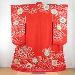 振袖 朱色ｘ白色 金糸 刺繍入り 波に丸に花紋様 正絹 成人式 仕立て上がり 身丈161cm