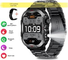 ⭐️売り尽くし⭐️新品 スマートウォッチ 黒スチールベルト 男性女性兼用 LED ライト 懐中電灯 フィットネス 体温 スポーツ 2.01インチ 大画面 キャンプ アウトドア iPhone Android スマホ対応