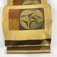 【美品】 袋帯 名品 落款 木屋太 葉柄 幾何学 箔 黄土色 六通 正絹 【中古】