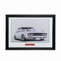 isuzu  いすゞ 117クーペ　鉛筆画 名車 旧車 ノスタルジックカー イラスト 画 デッサン 絵　A4サイズ 230ｍｍX318ｍｍ 額付き 作者直筆サイン入り 車好き 男性 向け お誕生日 バースデー ギフト 定年祝い プレゼント