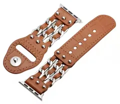 【即日発送】レザーバンド、3列カウボーイチェーンスタイルベルト、Apple Watch 10/9/Ultra MaKTech 2/SE/8/7[2024]に対応 (46mm/45mm/44/49mm茶色)