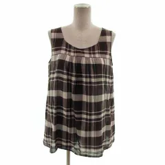 ヒューマンウーマン HUMAN WOMAN カットソー ノースリーブ シルク混 チェック ブラウン 茶 ホワイト 白 M