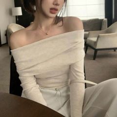 ［春のマストバイ］オフショルダー ワンショル トップス レディース 春  韓国  着やせ 結婚式お呼ばれ  オフショルショートカットソー オフショル ニット 長袖Tシャツ zara emoda agoist CHARLES & KEITH