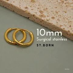 ［ST.BORN］【10㎜】316Lサージカルステンレス　ミニフープピアス　シンプル　18金メッキ　両耳2個セット メンズレディース　キャッチレス　中折れ式（16-006）