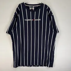 古着 トミージーンズ  半袖Tシャツ 大きいサイズ ロゴ 刺繍 クルーネック XL  ネイビー ストライプ メンズ