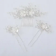 Haodeliy 髪飾り ヘアアクセサリー コーム Uピン 3点セット 木の葉 花モチーフ 花嫁 かんざし ヘッドドレス 手作り ウェディングヘッドドレス 髪飾り フラワー 結婚式 披露宴 二次会 発表会 卒業式 入学式 パーティー 和装用髪飾り ヘアアクセサ