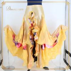 ベリーダンス オリエンタル 衣装 スカート ゴールド系 イエロー系 黄色 オレンジ系 レース フリル ロング 柄 スリット 練習 舞台 発表会 イベント ダンス衣装 かわいい 豪華 おしゃれ キラキラ パフォーマンス 美しい 色鮮やか エレガント