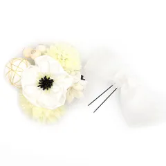 髪飾り 成人式 つまみ細工 振袖 前撮り 袴 2点セット 花 リボン 白 クリーム色 生成り ベージュ ゴールド レース 玉飾り パー No.12-0501