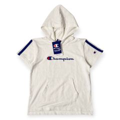 新品 タグ付き Champion チャンピオン フード付き 半袖  パーカー  160/ホワイト×ブルー キッズ 薄手