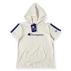 新品 タグ付き Champion チャンピオン フード付き 半袖  パーカー  160/ホワイト×ブルー キッズ 薄手