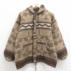 希少 ネパール製 ニット パーカー 裏地フリース ネイティブ柄 黒 茶 
