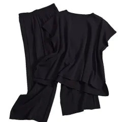 ☆ ブラック ☆ セットアップ 体型カバー パンツスタイル トップス パンツ セットアップ レディース フレンチスリーブ 上下セット ノースリーブ 春夏 リラックス おしゃれ きれいめ ゆったり 体型カバー 仕事 オフィス 通勤 大人 かわいい 無地 シンプル