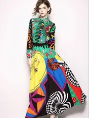 幾何学 総柄 マキシ ロングワンピース ドレス 主役級 幾何