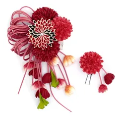 髪飾り 成人式 つまみ細工 赤 振袖 前撮り 袴 2点セット 花 黒 下がり ラインストーン コーム Ｕピン ユニーク 個性的 かんざ No.12-0639