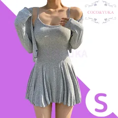 [ COCO&YUKA公式 ] ココアンドユカ かわいい 2点 セット アップ 長袖 前開き カーディガン タイト ミニ ワンピース フレア スカート キャミソール ワンピ セクシー パジャマ ルームウェア グレー S B09WZZPH8W