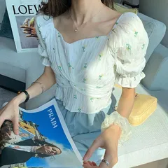 2way パフスリーブブラウス オフショルダー 花柄ブラウス ショート丈 ガーリー トップス 韓国