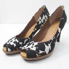 ストロベリーフィールズ STRAWBERRY-FIELDS パンプス クロス フラワープリント プラットフォーム 24.0㎝ ブラック 黒系 キャンバス地 日本製