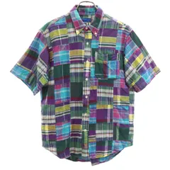 UNITED ARROWS BLUE LABEL ユナイテッドアローズブルーレーベル 日本製 チェック柄 半袖 パッチワーク ボタンダウンシャツ M マルチ メンズ 古着