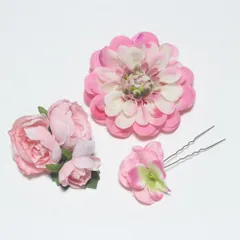 【3点セット ピンク】ミニお花かんざし１本 コサージュ2つ  ケースつき 親子お揃い 髪飾り 成人式 卒業式　着物　袴 浴衣 まとめ髪 くるりんぱ　ヘアアレンジ 和装　七五三