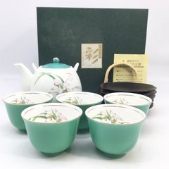 5216 【箱付き】吉田芳彩 茶器セット 急須＋湯呑5客＋小皿5枚 百合絵 金縁 白黒 加賀百万石 シャディ陶器 上品 茶道具