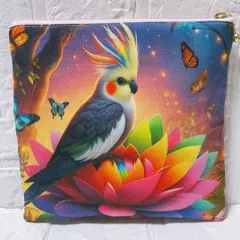 フラットポーチ　ファスナーポーチ　ハンドメイド　両面パネル生地　可愛い鳥さんポーチ　オカメインコ２