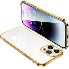 ONETIAOLONG iPhone14 Pro ケース クリア アイフォン14Pro カバー 透明 スマホケース 全面保護 耐衝撃 軽量 メッキ加工 TPU 薄型 ストラップホール付き 滑り止め 落下防止 6.1インチ（ゴールド） 1