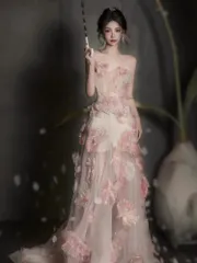 【新品 未使用】2026新作 ウェディングドレスオフショルダー ドレス - 高級感あふれるシアードレス - 声楽 演奏会 宴会 誕生日 パーティー 撮影用 ロマンチック 透け感 軽やか エレガント