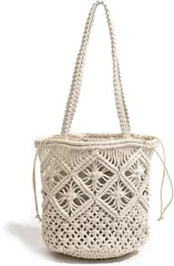 HARGIO(ハルジオ) かごバッグ 大人 上品 お洒落 レディース マクラメ トートバッグ 編みバッグ おしゃれ 可愛い マクラメバッグ ショルダー 夏 浴衣 和装 肩掛け ショルダーバッグ カゴバッグ かごバック 網 カバン 鞄(ホワイト)