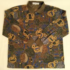 LANVIN 長袖ポロシャツ 50サイズ 総柄 アースカラー 綿 コットン ランバン 日焼け対策 紫外線対策 冷房対策 AIG7-16E